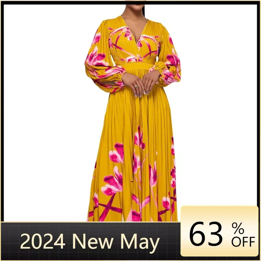 

Spring Summer African Women Long Sleeve V-neck Printing Long Dress Maxi Dress Dashiki African Dresses for Women S-3XL