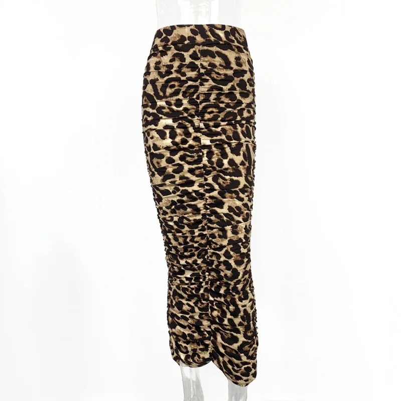 

Spring/Summer High 2024 New Waist Leopard Pattern Half length Skirt Fashionable and Sexy Tight Folded Split Mid length Skirt