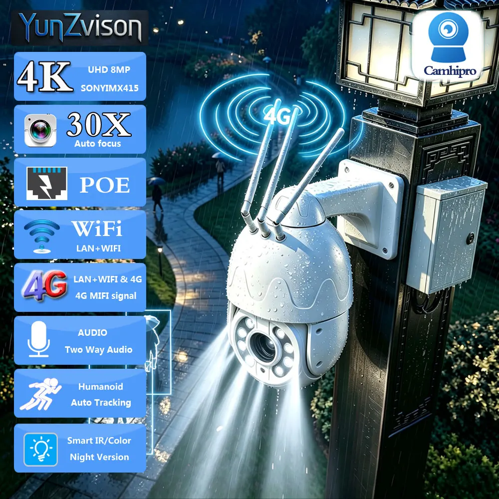 4K 8MP 30X Zoom PTZ Dome Wifi &4G SIM&POE Surveillance IP Camera Two Way Audio Humanoid Tracking IR&Color Night Version