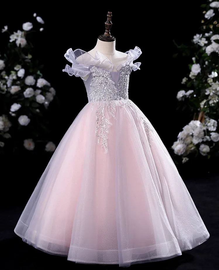 IRIDESCENT Pink Fluffy Flower Girl Dress Lace Embroidered Scoop Wedding Princess Host Performance Zipper Skirt Evening Dresses