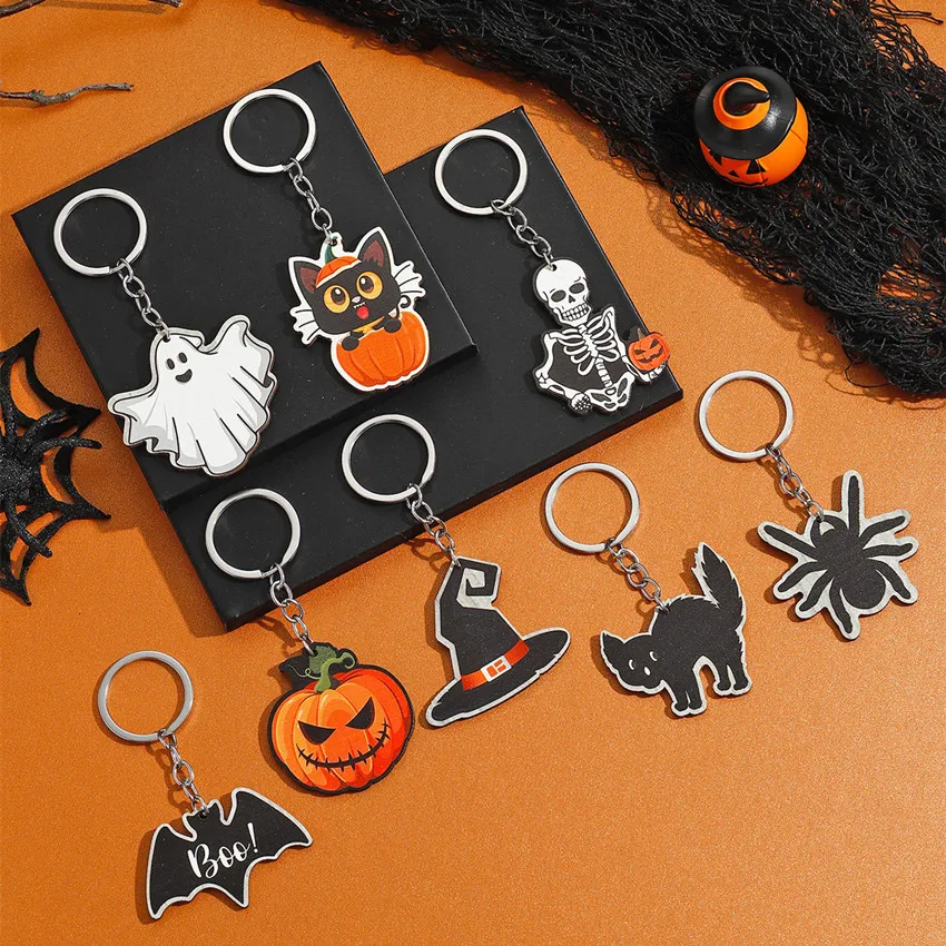 Spooky Funny Halloween Bat Pumpkin Wooden Keychin Cute Black Cat Bat Skeleton Pendant Key Ring Keys Holder Accessories Gifts