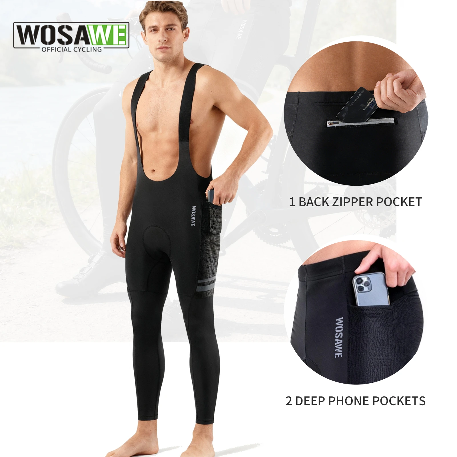 

WOSAWE Men's Winter Cycling Trousers 3D Padded Thermal Fleece Road Mtb Bike Bib Pants Reflective MTB Tights For cold weather