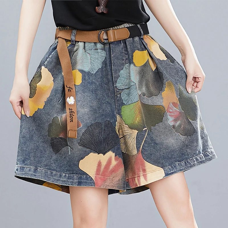 plus Size Women's Retro Artistic Print Denim Pants Elastic Waist Slimming Wide Leg orts Casual Loose Summer Sle Jeans