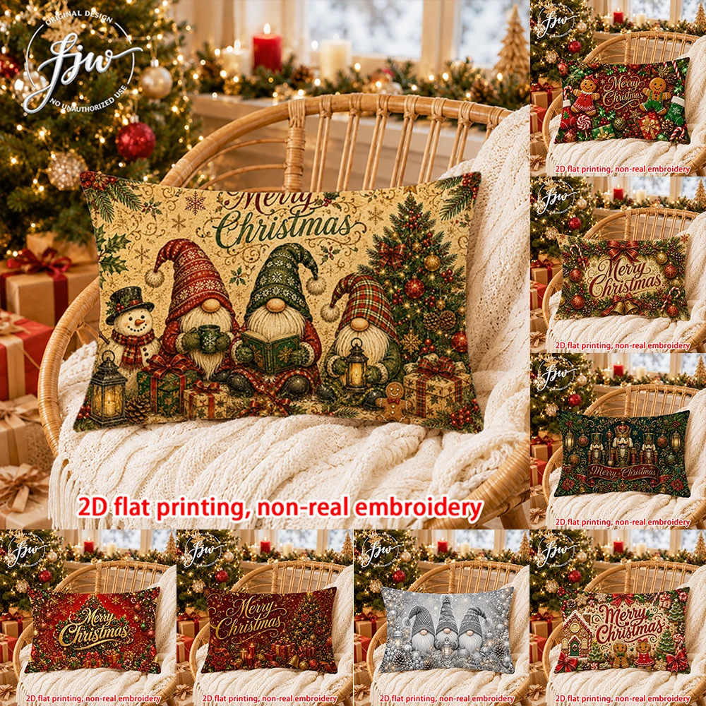 1pc Vintage Christmas Gnome Lumbar Pillow Covers Rustic Merry Christmas Holiday Decorative Throw Pillow Cases for Sofa Couch Bed