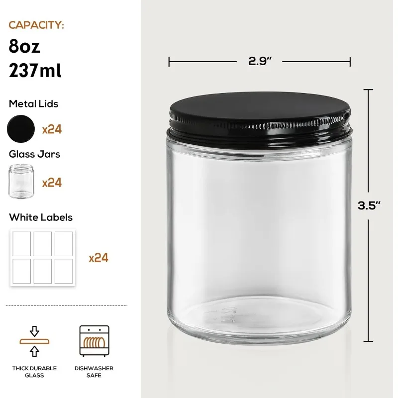 24-pack, 8-ounce Thick Glass Jar with Metal Lid, Clear Round Candle Making Jar, Empty Food Storage Container, Mason Can Jar for