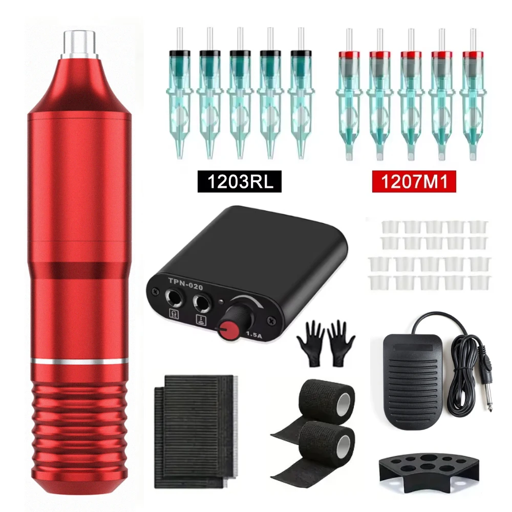 Tattoo Gun Kit Rotary Tattoo Pen Set with Needles Wired Rotary Pen Kit with Power Supply Foot Pedal 10 Cartridges for Practice