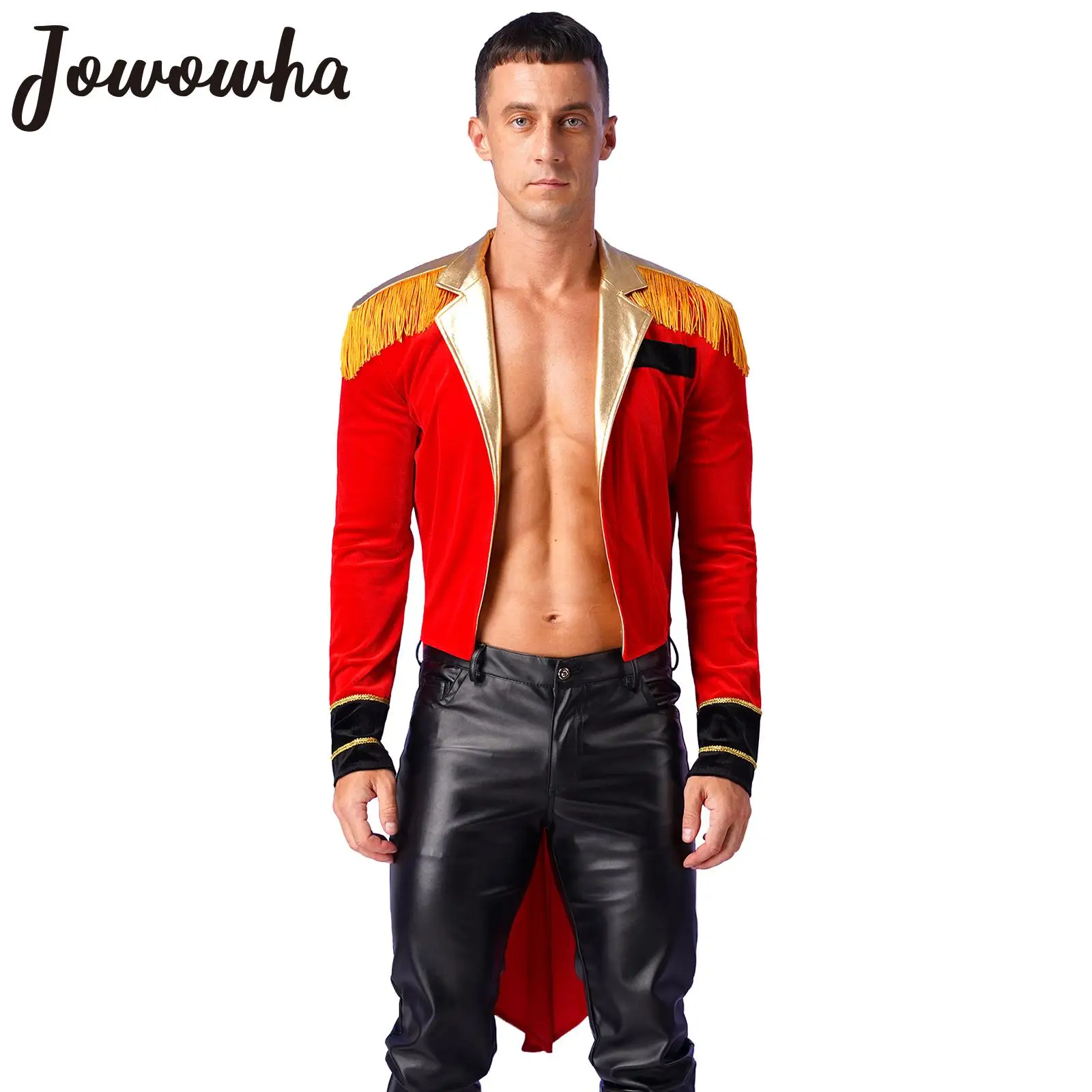 Mens Circus Ringmaster Magician Showman Costume Long Sleeve Tassel Velvet Tailcoat Jacket Halloween Theme Party Cosplay Dress Up