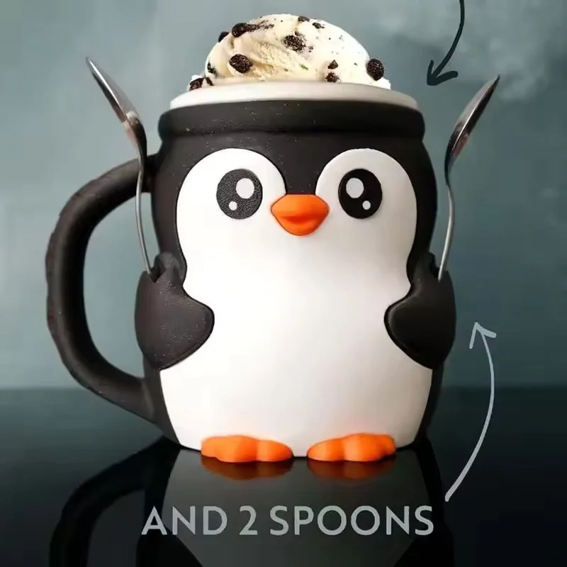 Cute 3D Printed Penguin Cow Ice Cream Pint Holder Reusable Antifreeze Cup Sleeve With Spoon Slot For Party Picnic Gift