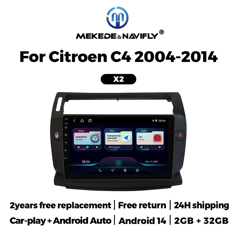 For Citroen C4 C-Triomphe Quatre 2004 - 2014 Android 14 Carplay Car Radio Multimedia Player Stereo WiFi GPS Navigation HD Screen