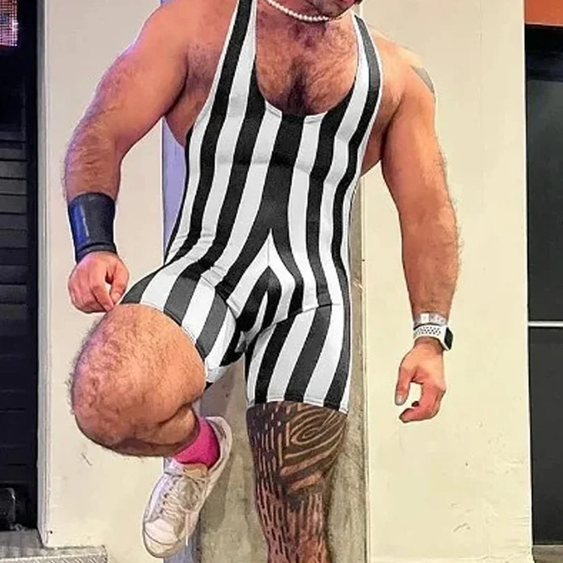 

Спортивный облегающий трико для фитнеса, мужские сексуальные комбинезоны без рукавов на бретелях, летние винтажные полосатые шорты с принтом, комбинезон, мужские комбинезоны