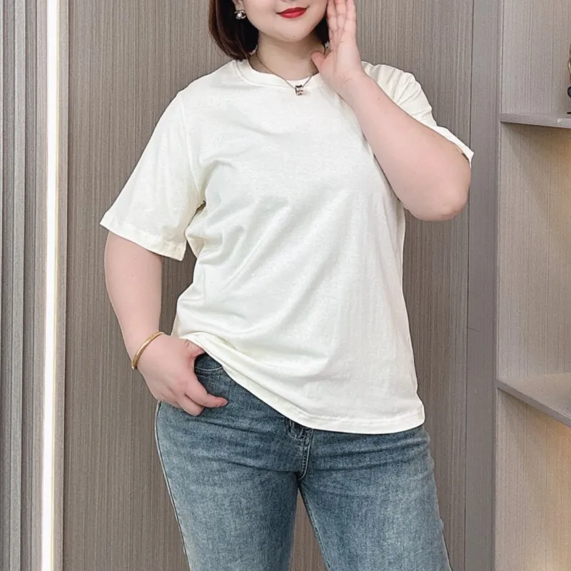 Plus Size Cotton Tees Summer Round Neck short-sleeved T-shirt Women Casual Foreign Style Loose Slimming Back Printed Top