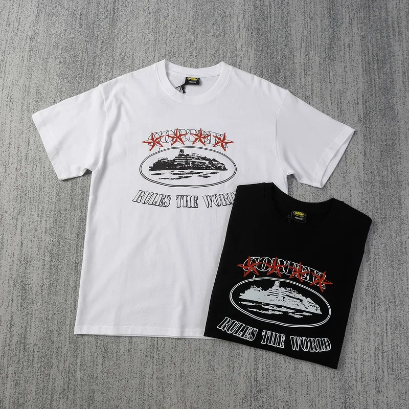 Summer New Demon Island Boat Printing Short Sleeves T-Shirt Street Vintage Loose Fit Casual Versatile Popular Men's Women's Shir