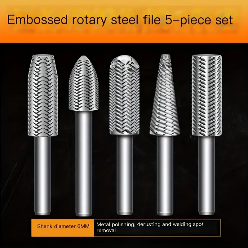 5pcs Rotary File Set Metal Grinding Polishing Tool Kit Rotating Head For Metal Wood Stone Woodworking Deburring Abrasive Tools