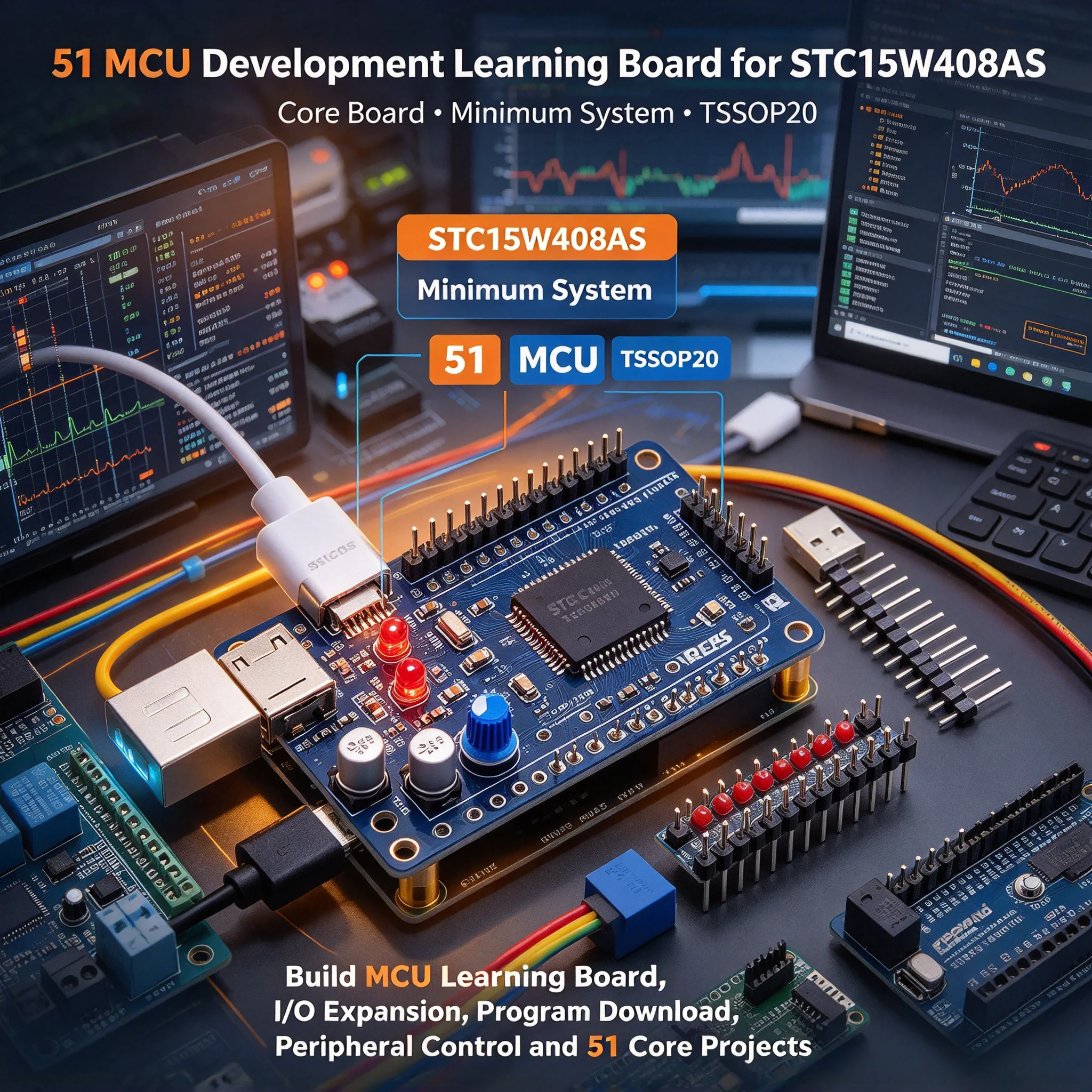 30Pcs STC15W408AS Core Board Minimum System 51 MCU Development Learning Board TSSOP20