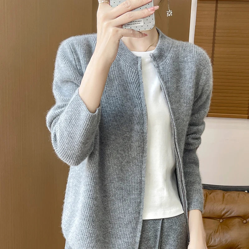 Fashion Women Diagonal Zipper Cardigan Cashmere Long Sleeves Sense 100% Merino Wool Sweater Clothing Top Casual Solid Color