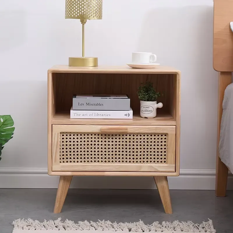 Japanese Modern Bedside Table Hotel Bedroom Furniture Solid Wood Simple Rattan Bed Bedside Table