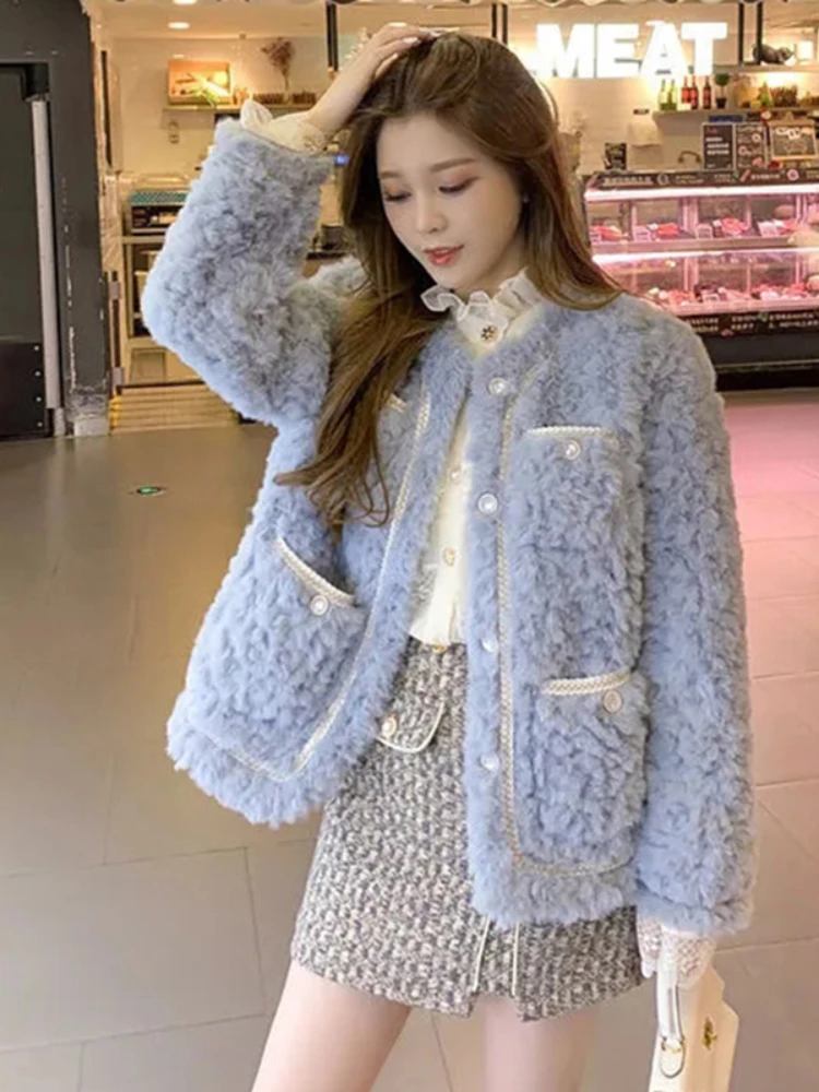 Korean Style Lamb Wool Jackets Women 2025 New All-Match Loose Furry Coat Ladies Fashion Streetwear Pockets Plush Coats