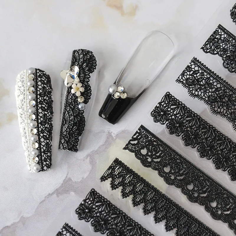 Black White Reto Lace 5D Soft Embossed Reliefs Self Adhesive Nail Art Decorations Stickers 3D Nail Decals Wholesale Dropshipping