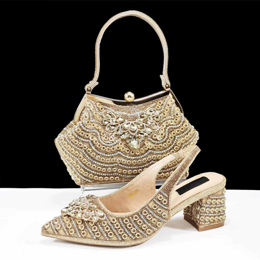

Африканский дизайн, украшение из кристаллов, специальный комплект обуви и сумки на каблуке, новейший модный комплект обуви и сумки из искусственной кожи для вечерней вечеринки