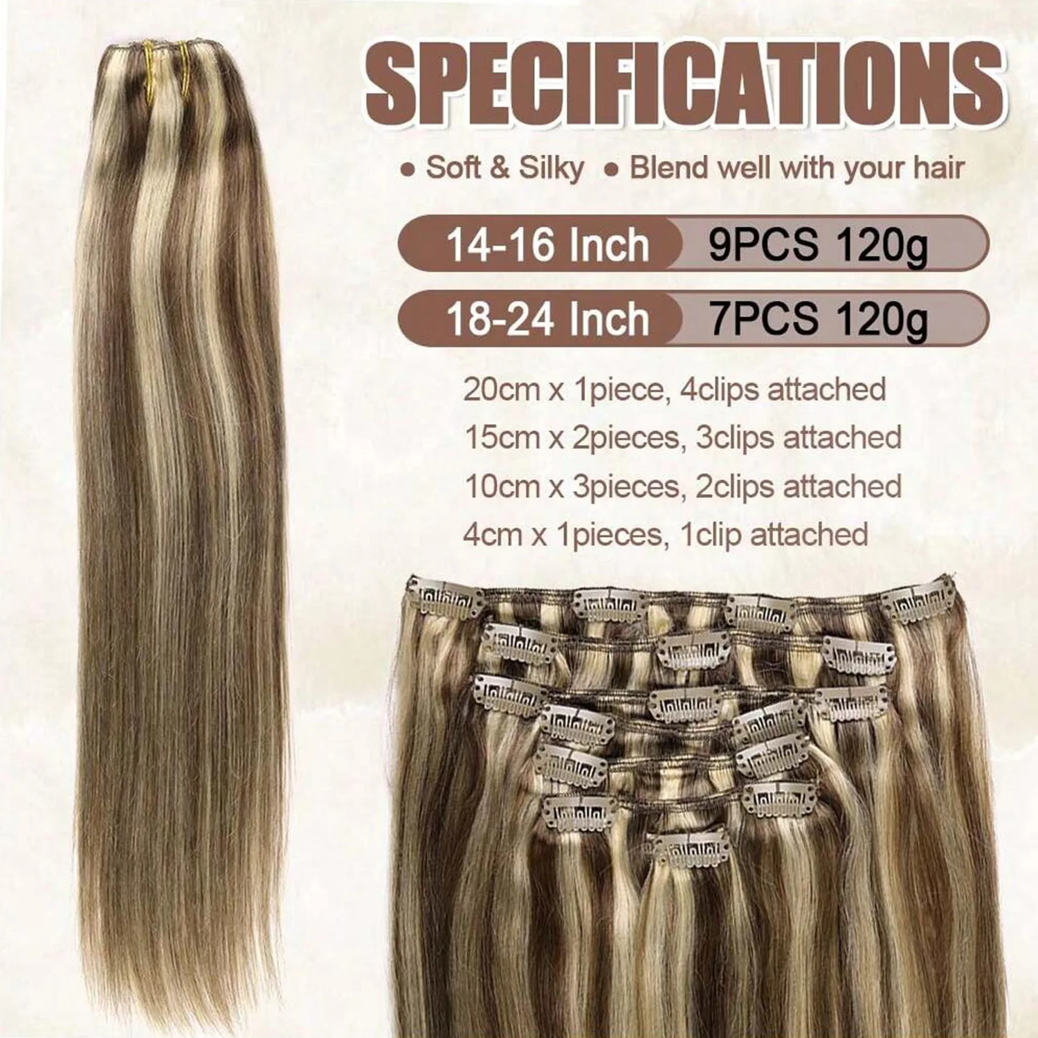 Ash Brown Highlights Platinum Blonde Clip In Hair Extension Human Hair 7Pcs Double Weft Natural Remy Human Hair Extensions Brazilian Clip In Hair Extensions