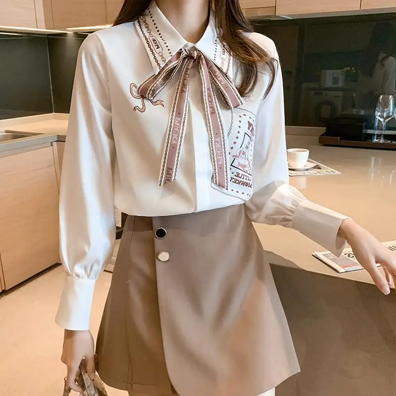 Autumn New Korean Fashion Printing Turn-down Collar Blouse Female All-match Bow Long Sleeve Shirts Women Clothes Sweet Top Tee