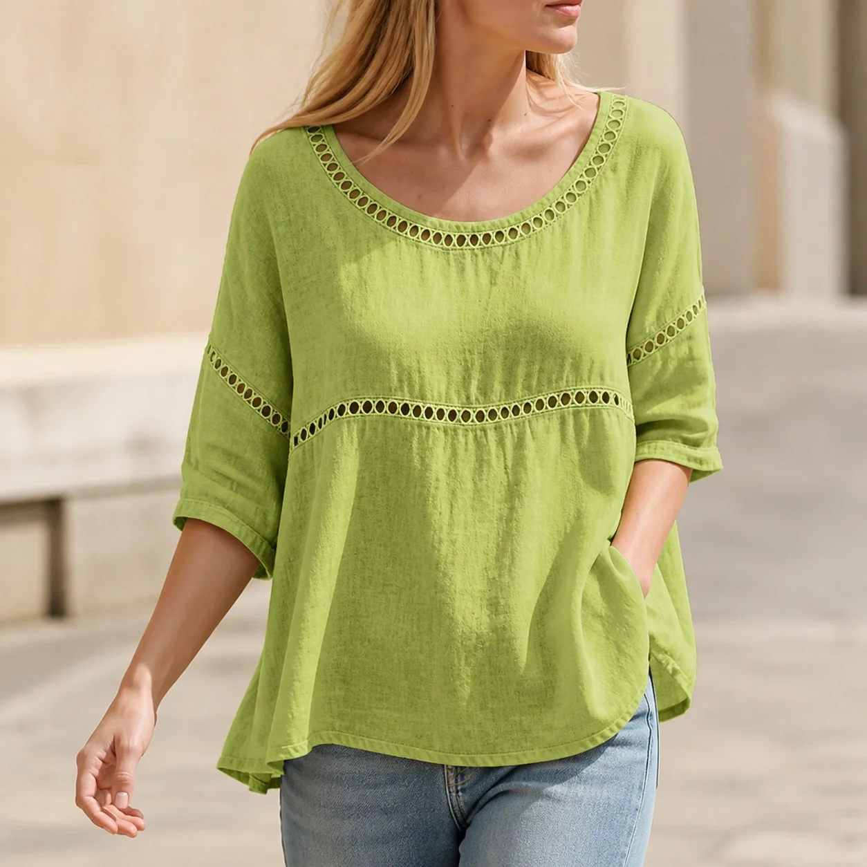 Women's Loose Fit Round Neck Short Sleeve Linen Blend Cotton T Shirt Solid Color Pullover Unisex 3D Effect Woman Clothing