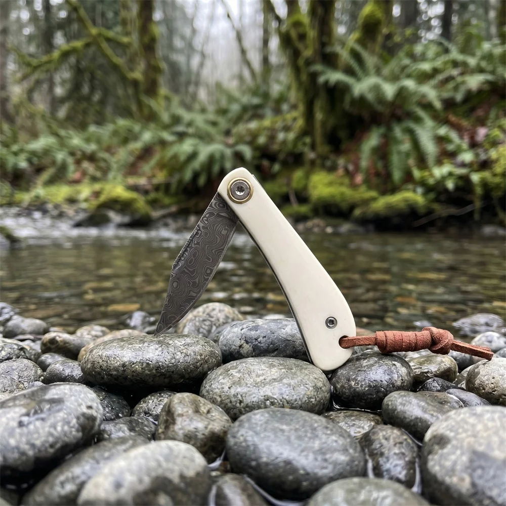 Vintage Damascus Folding EDC Pocket Knife Ivory Bone Handle, Compact Survival Camping Knife for Outdoor Hunting Collection Gift view 2