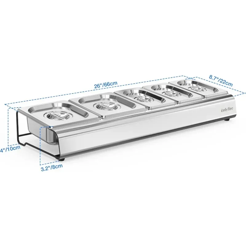 Topping Station Stainless Steel Seasoning Containers with Lid, 5 Compartment Trays for Prepping Ingredients and Toppings