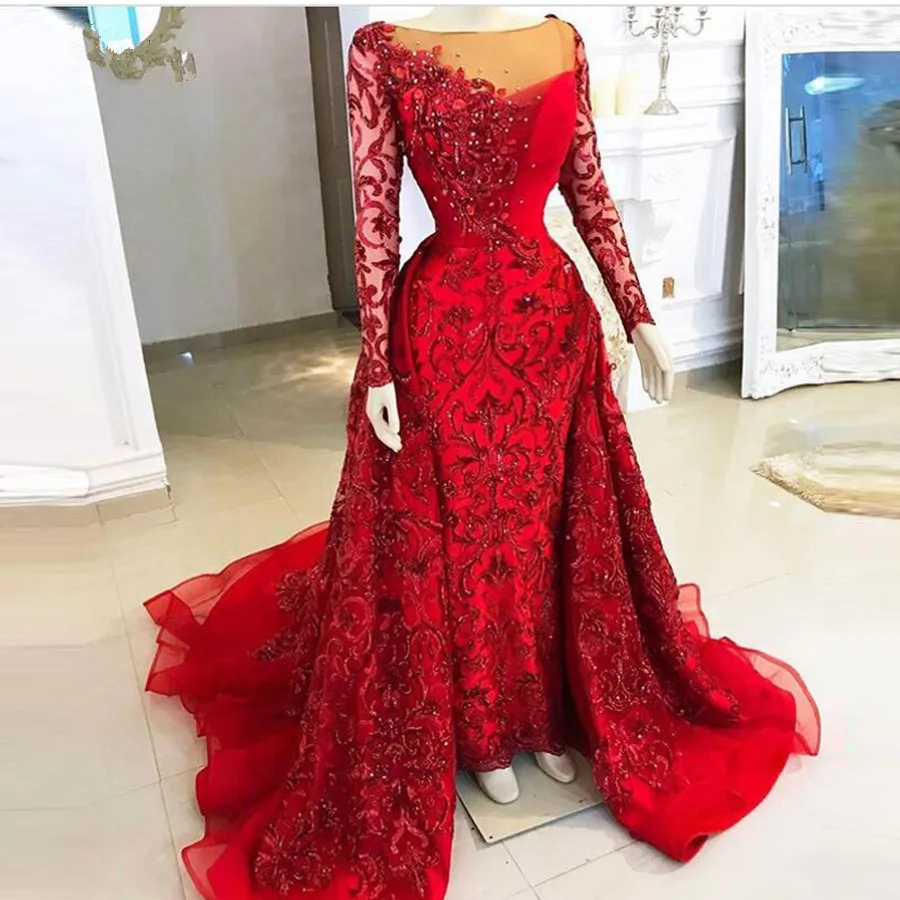 Vestidos Red Shiny Lace Mermaid Evening Dresses With Detachable Train Luxury Crystal Full Sleeves Prom Gowns Gonna Formal Dress