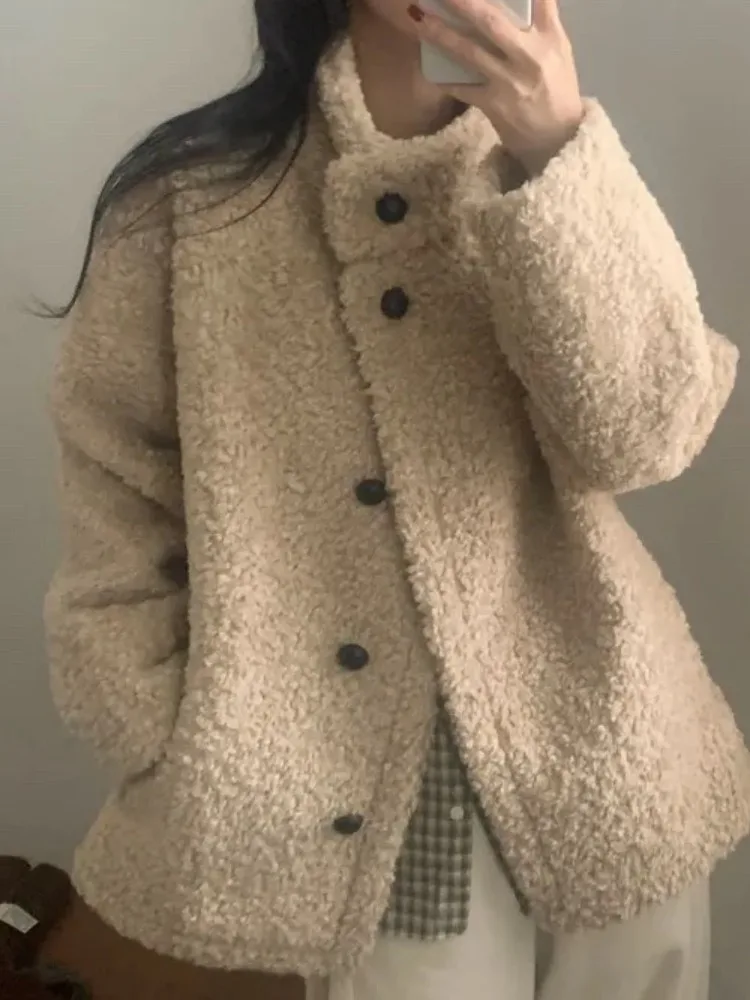 

Chic Winter eepskin Coat Women's Mid-Length Fur-Trimmed Collar Single-Button Outerwear Retro Sle Thiened Long Sve