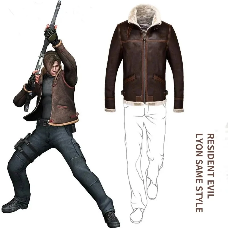 

Biohazard Resident Leon S Kennedy Evil Costume Leather Coat Cosplay PU Faur Jacket Long-sleeve Winter Outerwear Men Boy mj:3