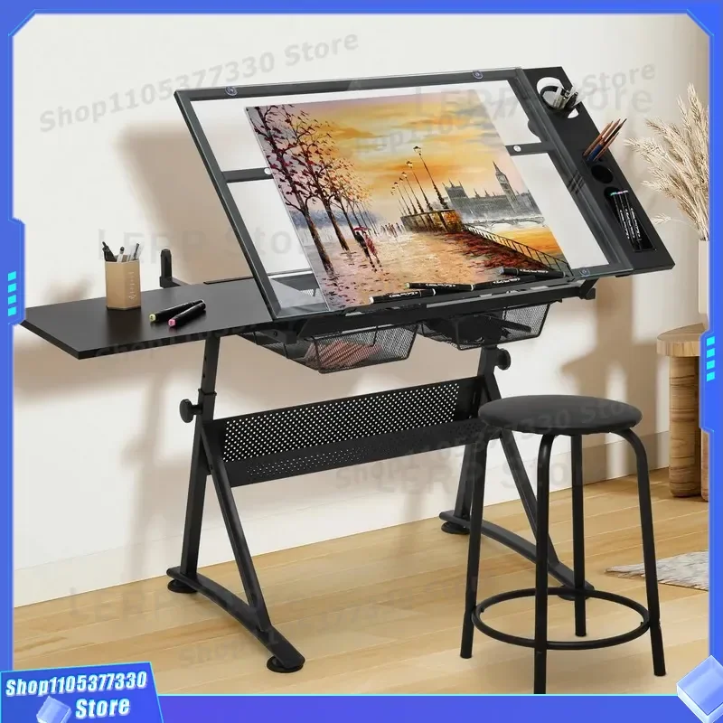 Adjustable Height Painting Table with Tempered Glass Top and Sub Plate Drawing Board for Artist Designer Workbench Easel Desk