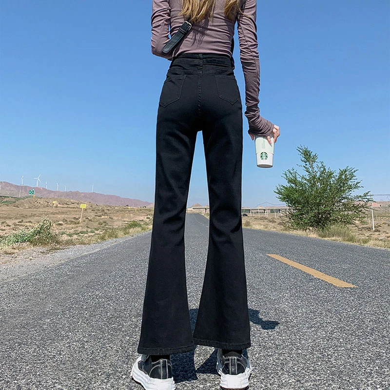 Black micro-flared jeans women\'s straight high-waisted flared pants slim-fitting and thin floor-mopping horseshoe pants