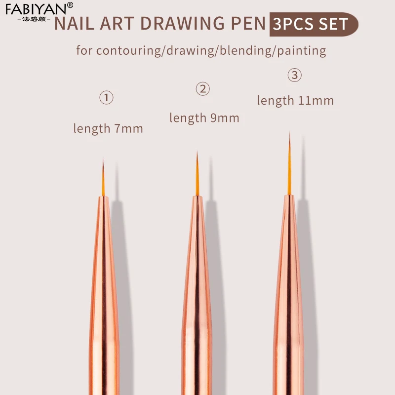 مجموعة من 3 فرش لفن الأظافر ، لون ذهبي وردي ، بطانة جل بالأشعة فوق البنفسجية ، رسم ، تصميم زهور ، أدوات تجميل الأظافر ، 7/9/11