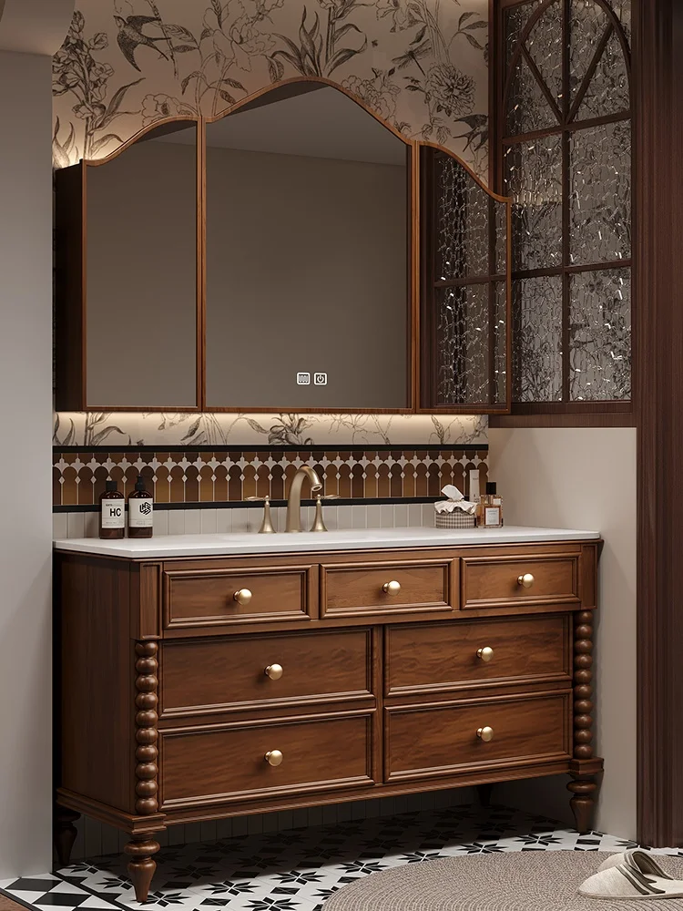 &c French-style Solid Wood Bathroom Cabinet with Integrated Granite Basin and Smart Mirror for Workshop Use