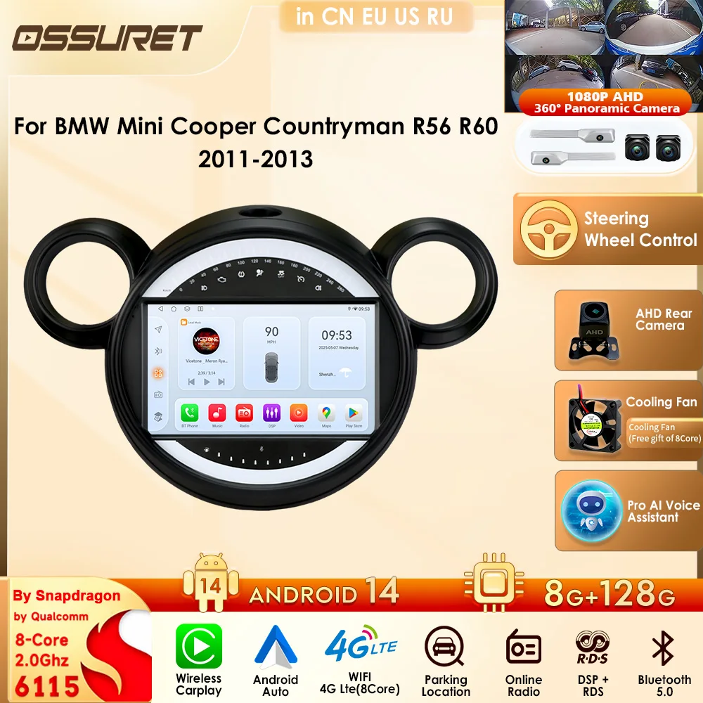OSSURET 2din Car Intelligent Systems Carplay for BMW Mini Cooper Countryman R56 R60 2011-2013 Android Auto Navi DSP GPS 360 AI