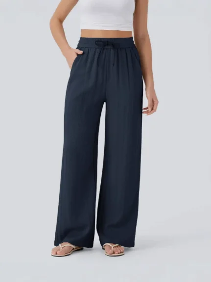 

Пляжные брюки из льна с высокой талией и широкими штанинами, модель 2026: повседневные, элегантные, с завязками, боковой сумкой и эластичным поясом