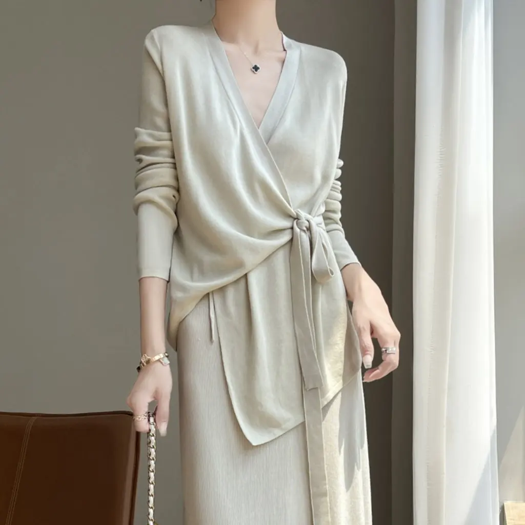

Women's V-neck Tencel Cardigan Spring Summer Long-Sleeved Lace-Up Irregular Design Sun-Protective Outerwear for Dress Skirt Suit