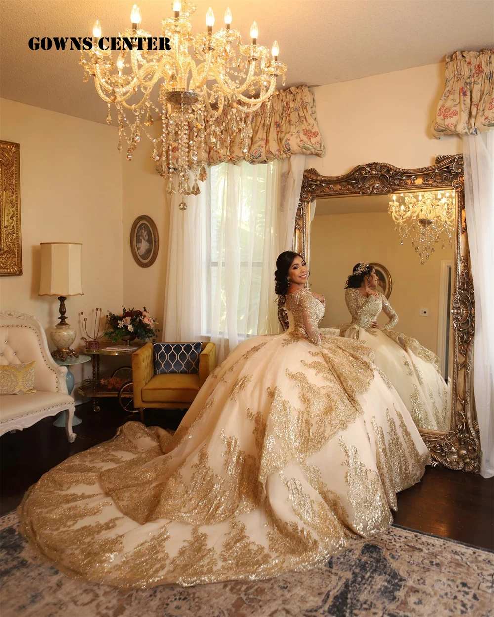 

Очаровательное роскошное Золотое бальное платье с бисером и жемчугом с длинным рукавом, платье для Quinceanera, мексиканское милое платье с оборками 16, платья 15 лет