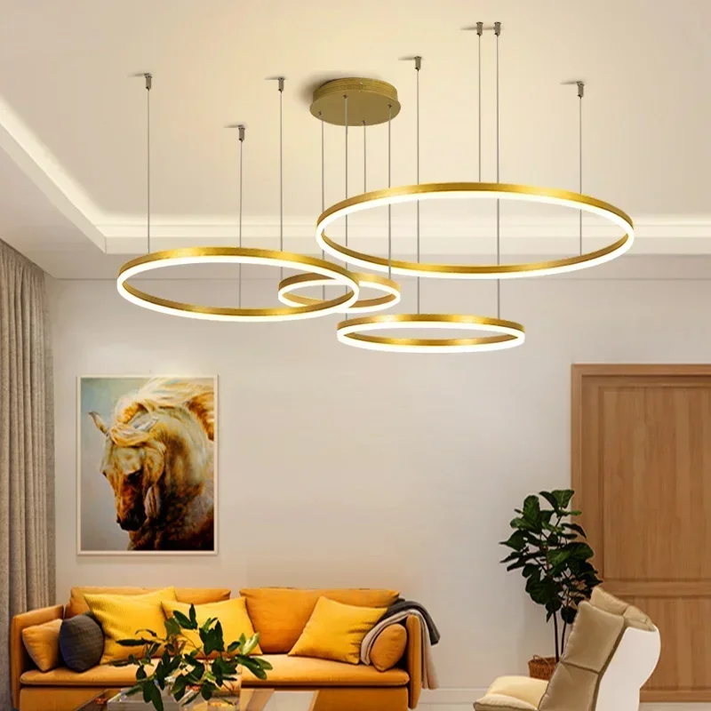 Moderne eenvoudige nieuwe LED-kroonluchterverlichting Ronde ringen Dimbare lamp voor woonkamer Eetkamer Slaapkamer Hal Thuis Salon Binnenverlichting