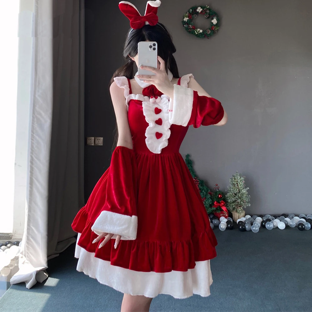 Weihnachten Vintage Kleid Samt Pelz Trim Party eine Linie Kawaii niedlichen Santa Claus Kleider für Frauen süße Hase Prinzessin Lolita Kleid