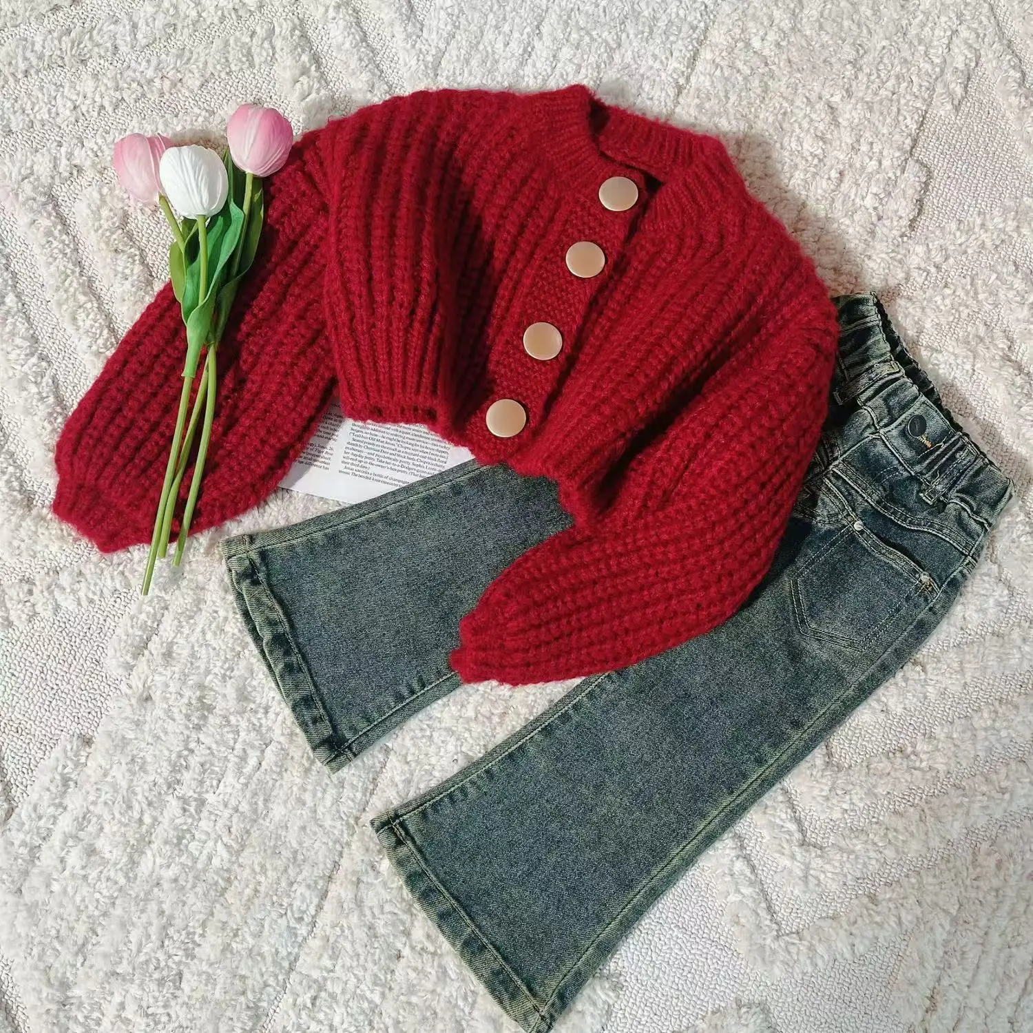 Children\'s Girl Suit Red Knitted Sweater Long Sleeve Solid Color+Denim Pants 2-piece Suit Outer Wear Casual Simple Loungewear