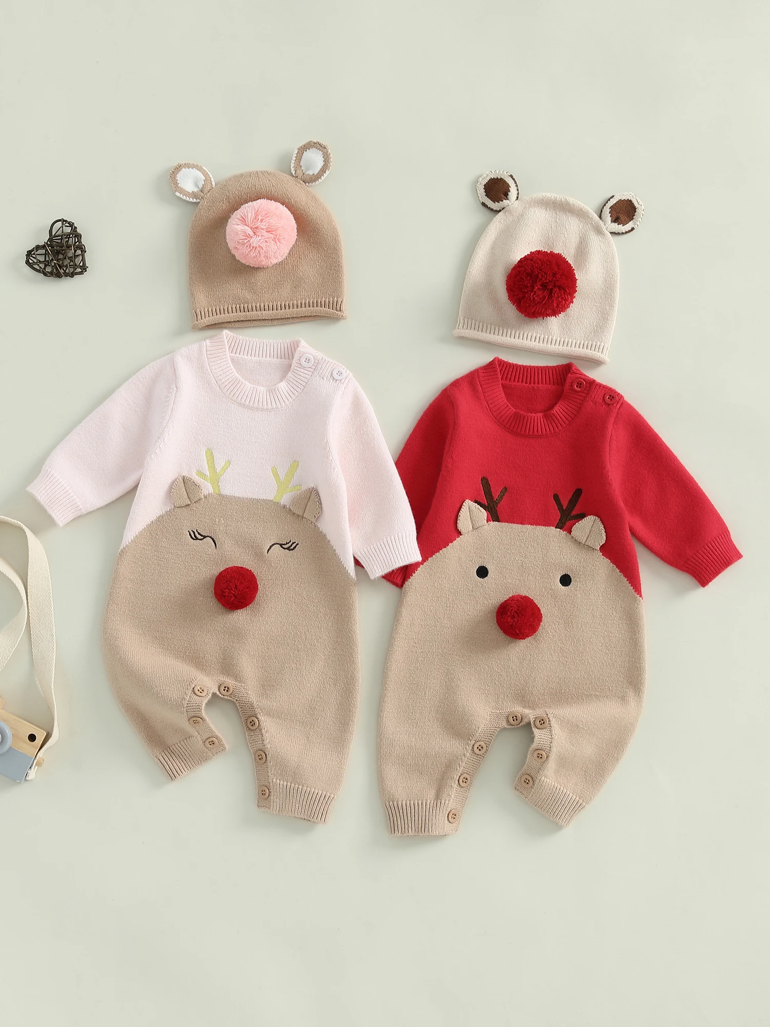 

Baby Girls Christmas Sweater Romper Elk Pattern Long Sleeve Jumpsuits and Cute Hat Set Outfits Newborn Clothes