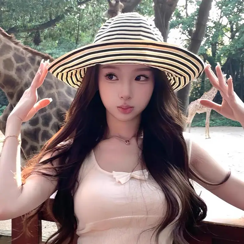 Striped Wide Brim Sun Hat Fisherman Cap Lightweight Summer Sun Hat for Women Color-block Striped Fisherman Hat for Beach Journey