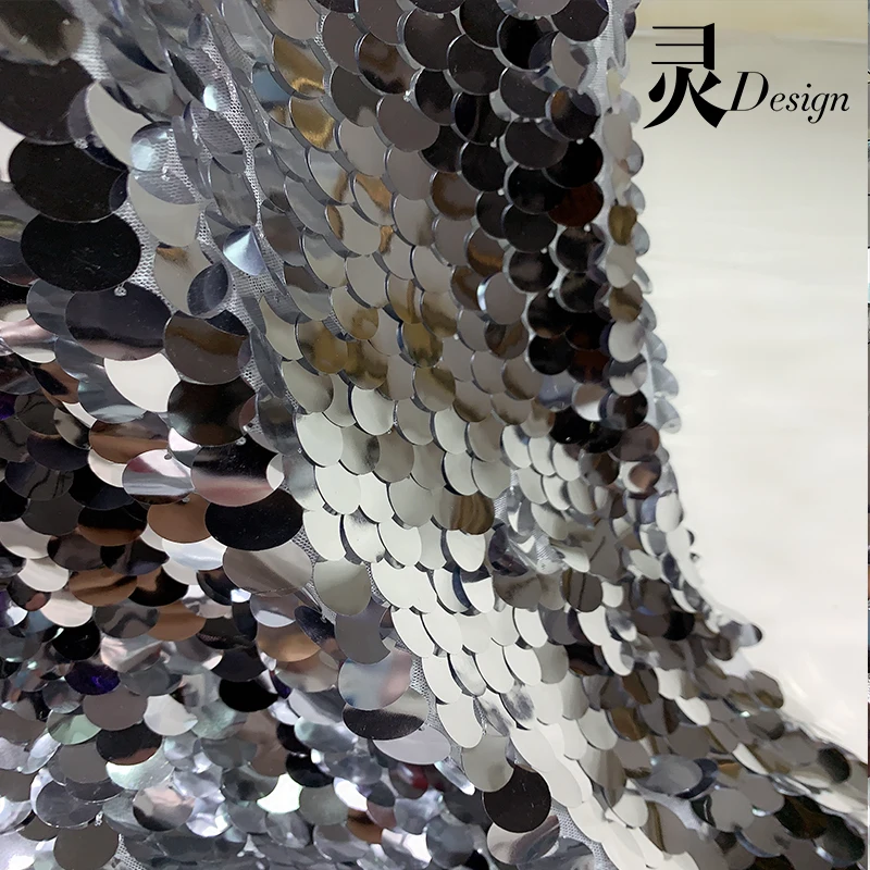 Mesh Fabric Round Fish Scale Sequins Bright Silver Embroidery for Skirt Design Background Decorative Cloth Diy Sewing