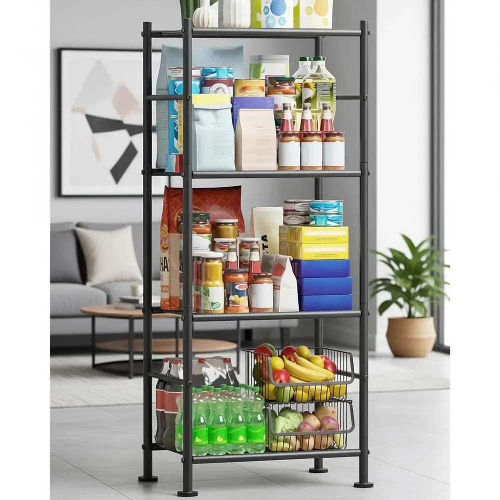 

4-ярусный металлический стеллаж, регулируемый и прочный органайзер для гаража, кладовой или кухни (18 x 12 x 44, черный)