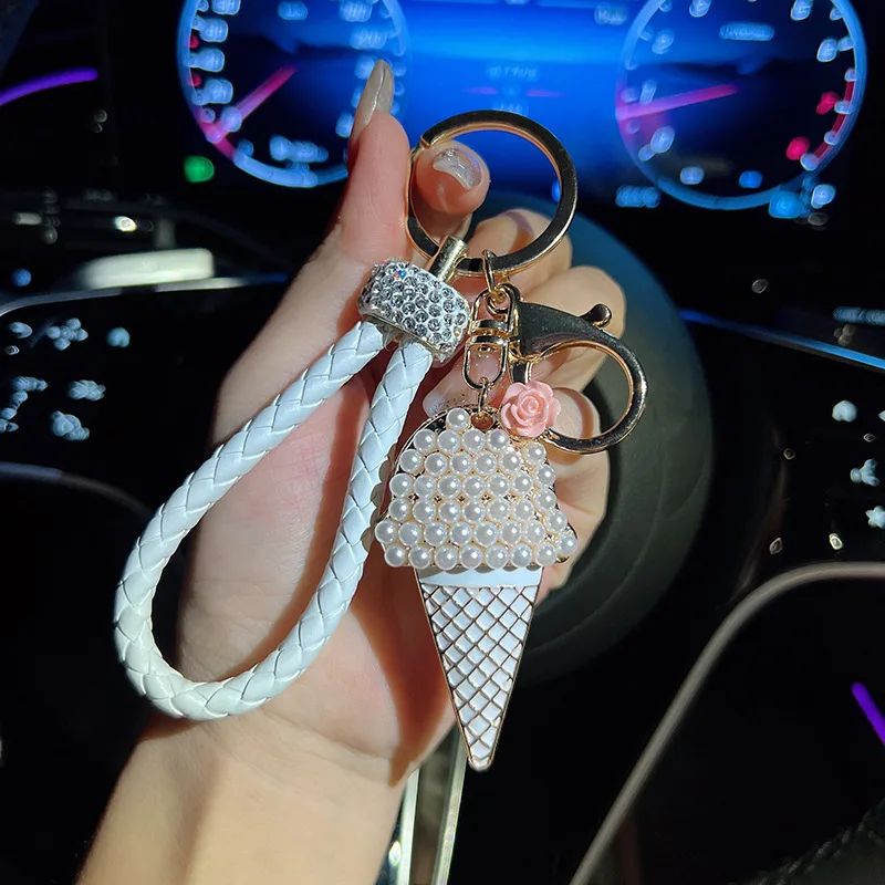 Cute Ice Cream Keychain for Women Girls - Sparkling Rhinestone & Leather Rope Bag Charms, Two-Tone Alloy Car Keys Decor