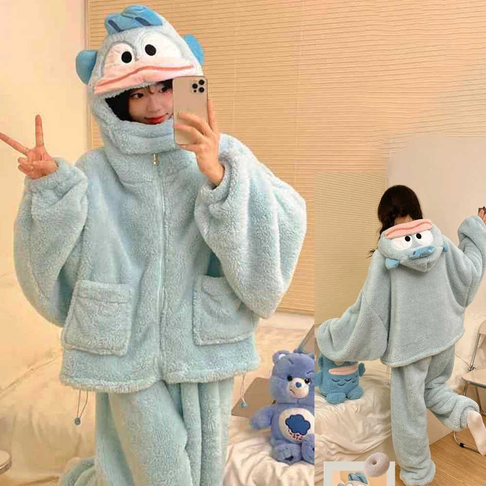 Sanrio Kawaii Kuromi Cinnamoroll Plush Pajamas Suit Anime My Melody Thickened Women Nightgown Winter Warm Homewear Tops Pants