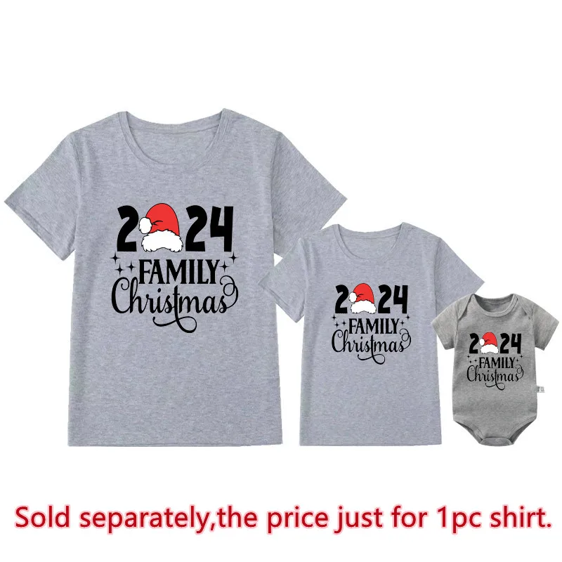 2024 Family Christmas Shirts Cotton Family Matching Outfits Dad Mom Kids Tshirts Baby Rompers Matching Pajamas Xmas Clothes Gift