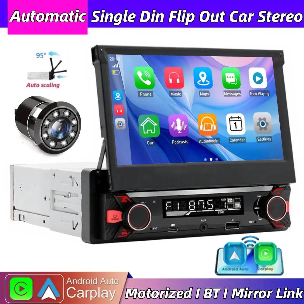 Wireless CarPlay & Android Auto 7' Flip Out Car Stereo, Motorized Touchscreen MP5 Player, BT Hands-Free,USB/TF/AUX/Type-C